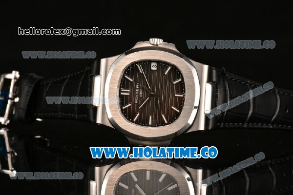 Patek Philippe Nautilus Miyota 9015 Automatic Steel Case with White Stick Markers and Black Leather Strap (BP) - Click Image to Close